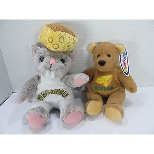 LOT OF 2 MARY MEYER  Mascot Bear & Souvies Wisconsin Cheese Mouse Plush 8"